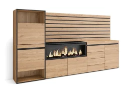 Sapateira, 274x35x145cm, Para quarto, dormitório, Lareira eléctrica XXL, Cómoda, Tiras Deco. Madeira, Carvalho