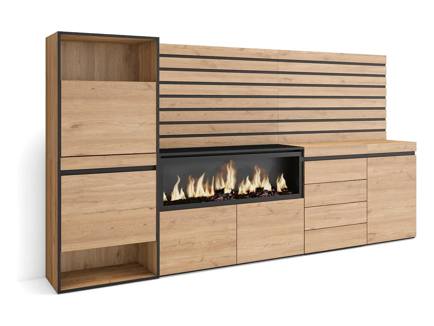 Sapateira, 274x35x145cm, Para quarto, dormitório, Lareira eléctrica XXL, Cómoda, Tiras Deco. Madeira, Carvalho
