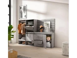 Sapateira, 227x35x145cm, Para quarto, dormitório, Roupeiro aberto, Cómoda, Tiras Deco. Madeira, Cimento