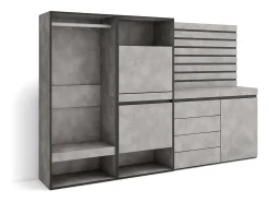 Sapateira, 227x35x145cm, Para quarto, dormitório, Roupeiro aberto, Cómoda, Tiras Deco. Madeira, Cimento