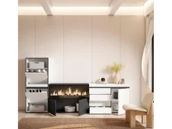 Sapateira, 274x35x145cm, Para quarto, dormitório, Lareira eléctrica XXL, Cómoda, Branco