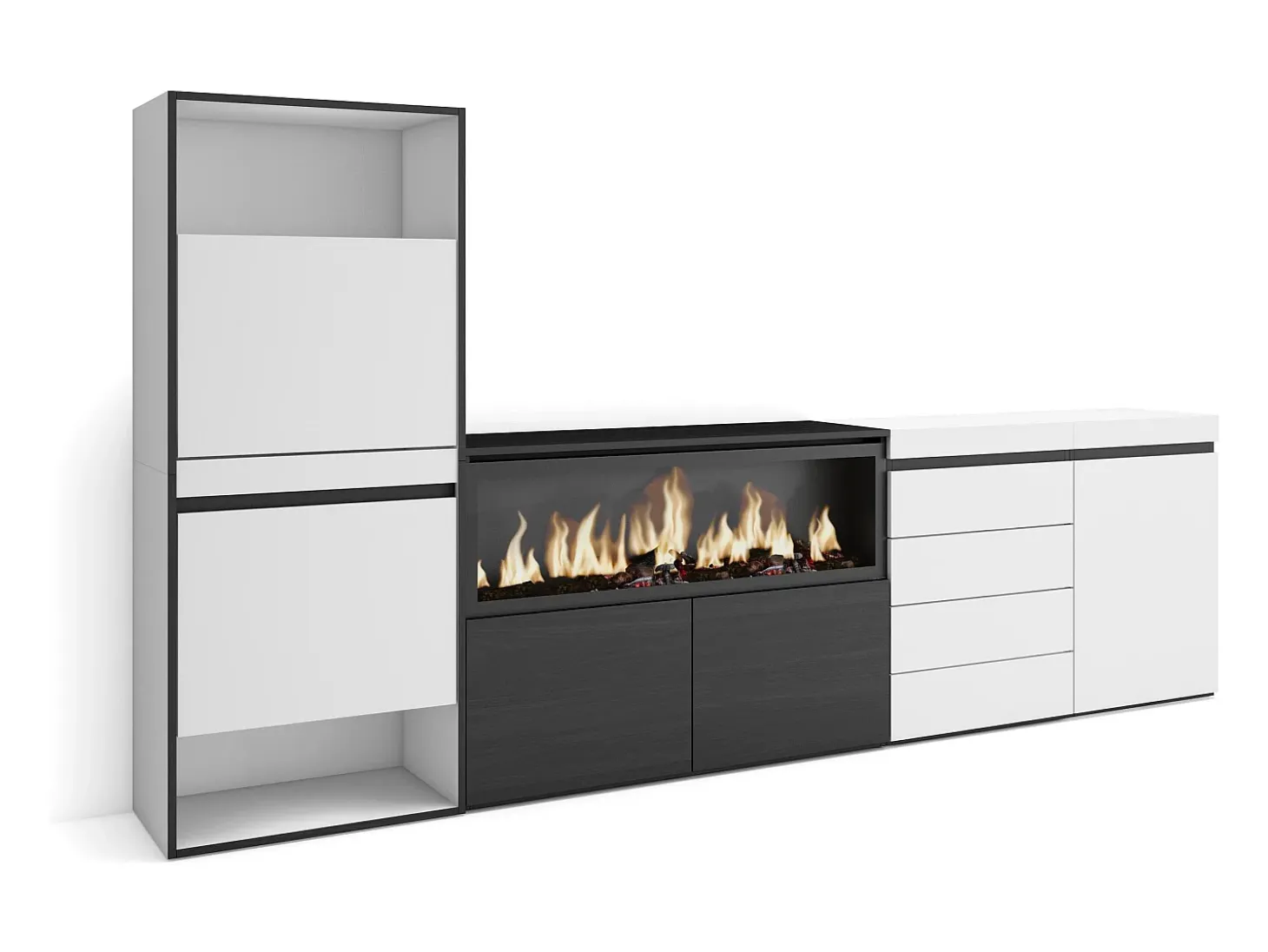 Sapateira, 274x35x145cm, Para quarto, dormitório, Lareira eléctrica XXL, Cómoda, Branco