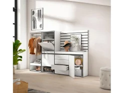Sapateira, 227x35x145cm, Para quarto, dormitório, Roupeiro aberto, Cómoda, Tiras Deco. Madeira, Branco