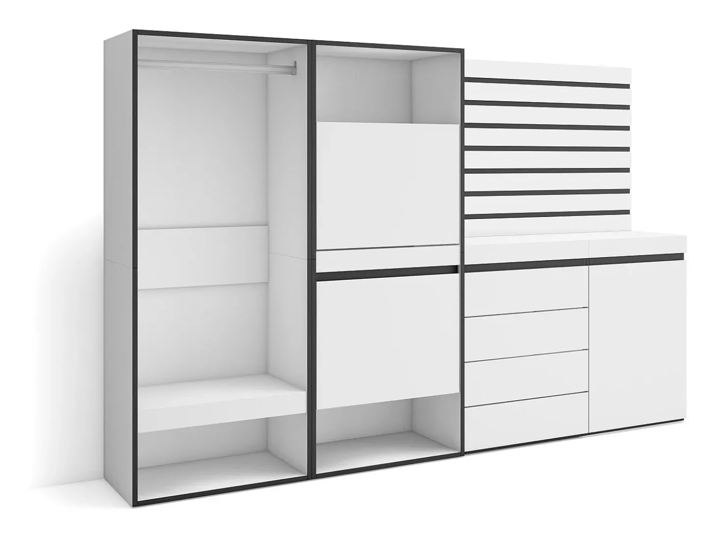 Sapateira, 227x35x145cm, Para quarto, dormitório, Roupeiro aberto, Cómoda, Tiras Deco. Madeira, Branco