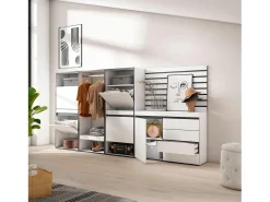 Sapateira, 287x35x145cm, Para quarto, dormitório, Roupeiro aberto, Cómoda, Tiras Deco. Madeira, Branco