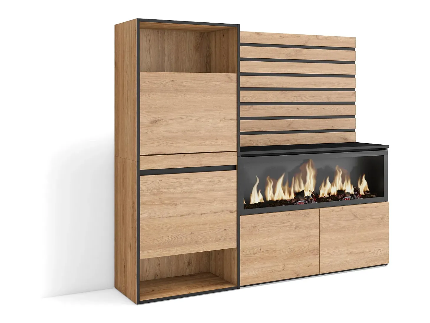 Sapateira, 167x35x145cm, Para quarto, dormitório, Lareira eléctrica XXL, Tiras Deco. Madeira, Carvalho