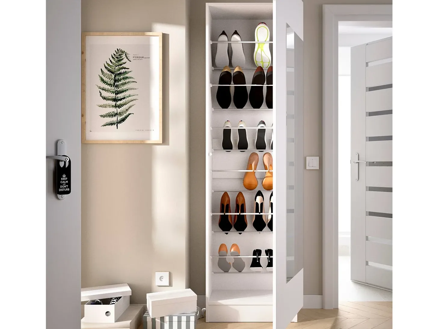 Sapateira Zevola, Sapateira de entrada que economiza espaço, Sapateira com 1 porta espelhada, 50x27h186 cm, Branco