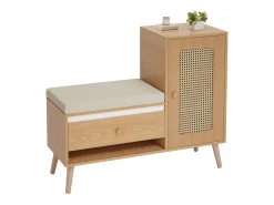 Sapateiro de rattan - Banco de entrada - Com almofada - 1 gaveta e 1 porta de rattan - Natural