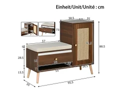 Sapateiro de rattan - Banco de entrada - Com almofada - 1 gaveta e 1 porta de rattan - Marrom