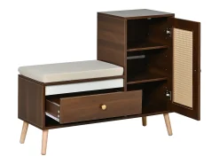 Sapateiro de rattan - Banco de entrada - Com almofada - 1 gaveta e 1 porta de rattan - Marrom