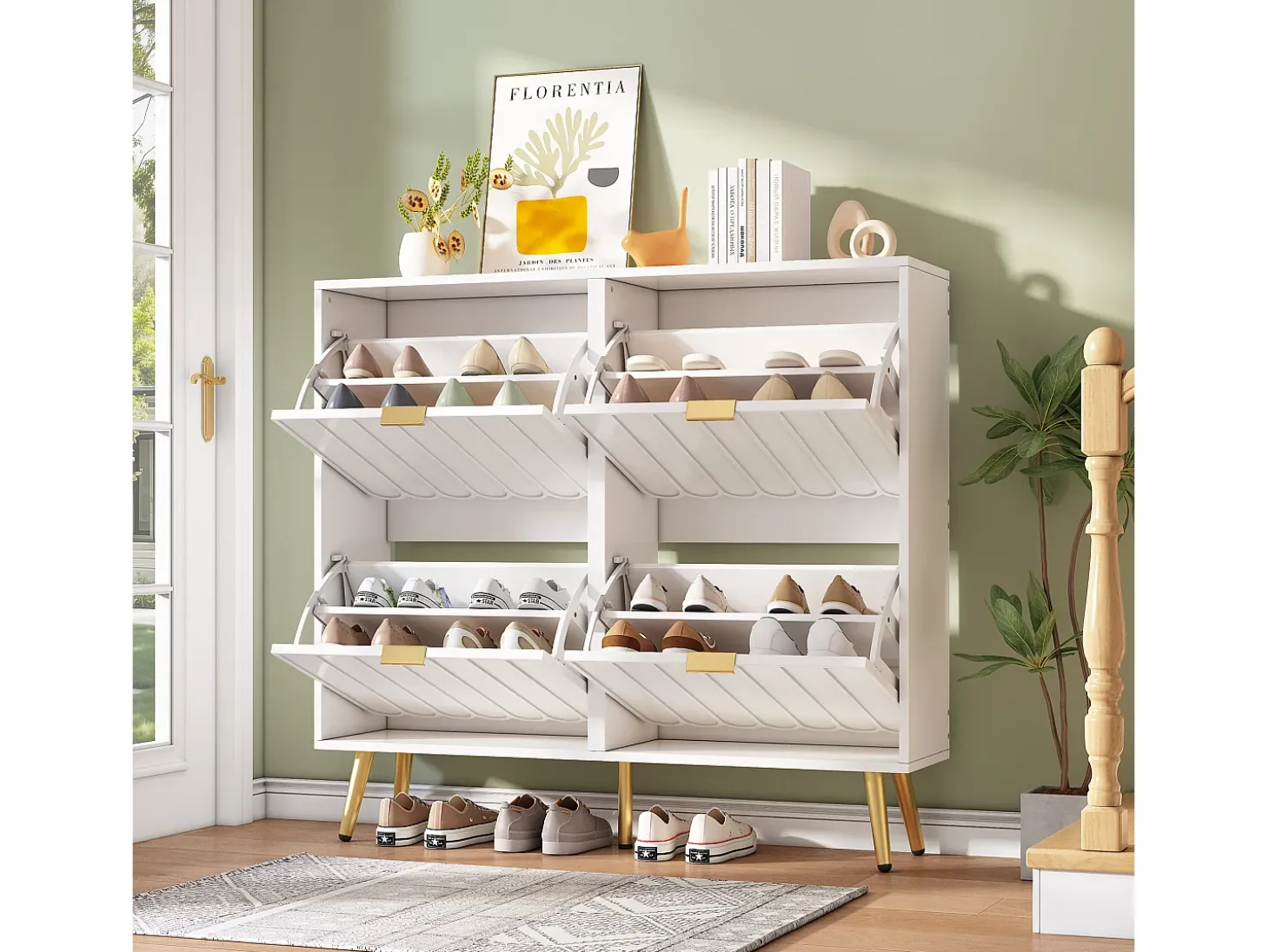 Sapateiro 100x24x91,25cm - con 4 portas de abrir - prateleira de 8 níveis - puxador de metal - Branco