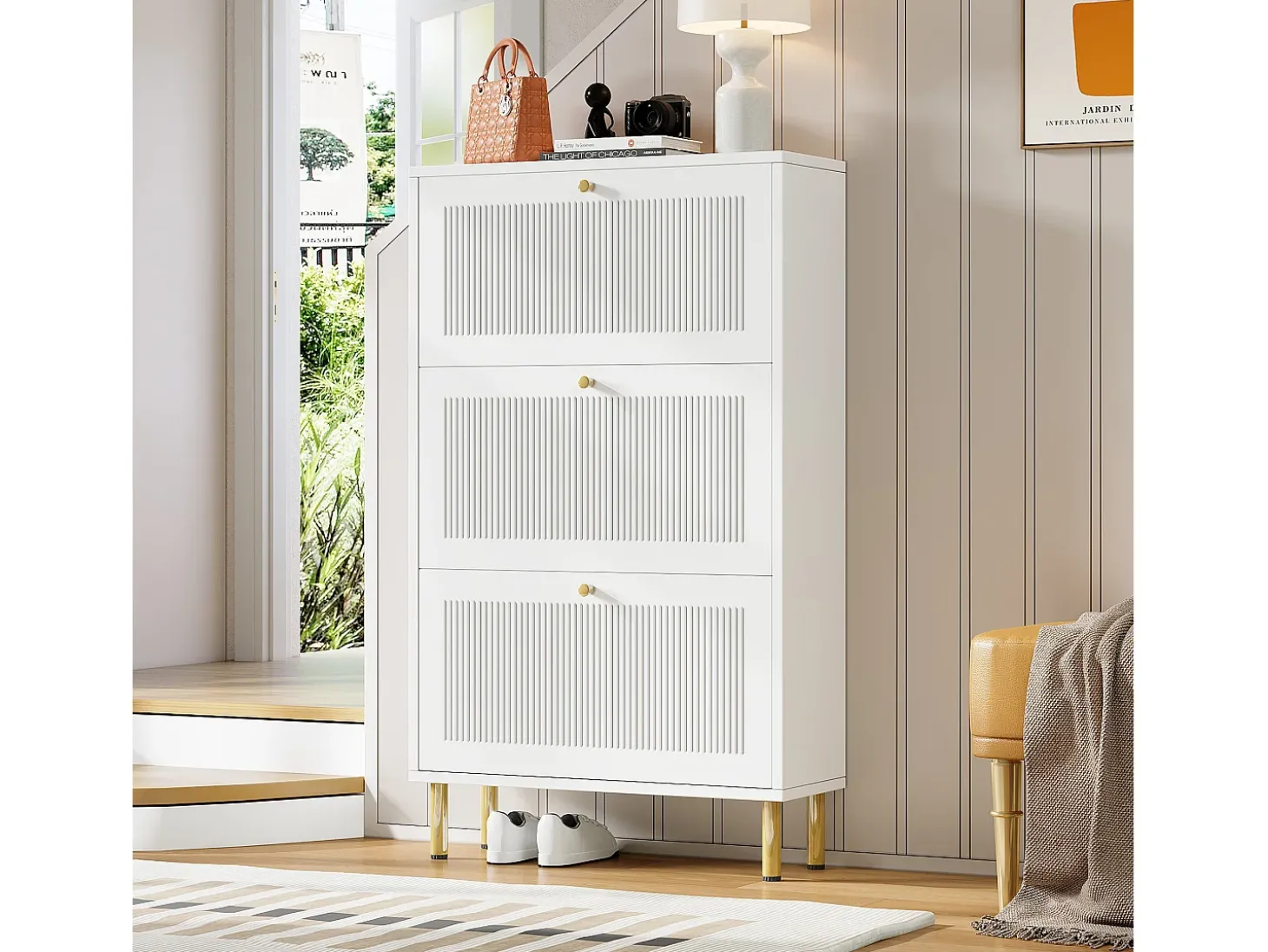 Sapateiro 73x25x125cm - con 3 portas de abrir - prateleira de 6 níveis - Branco