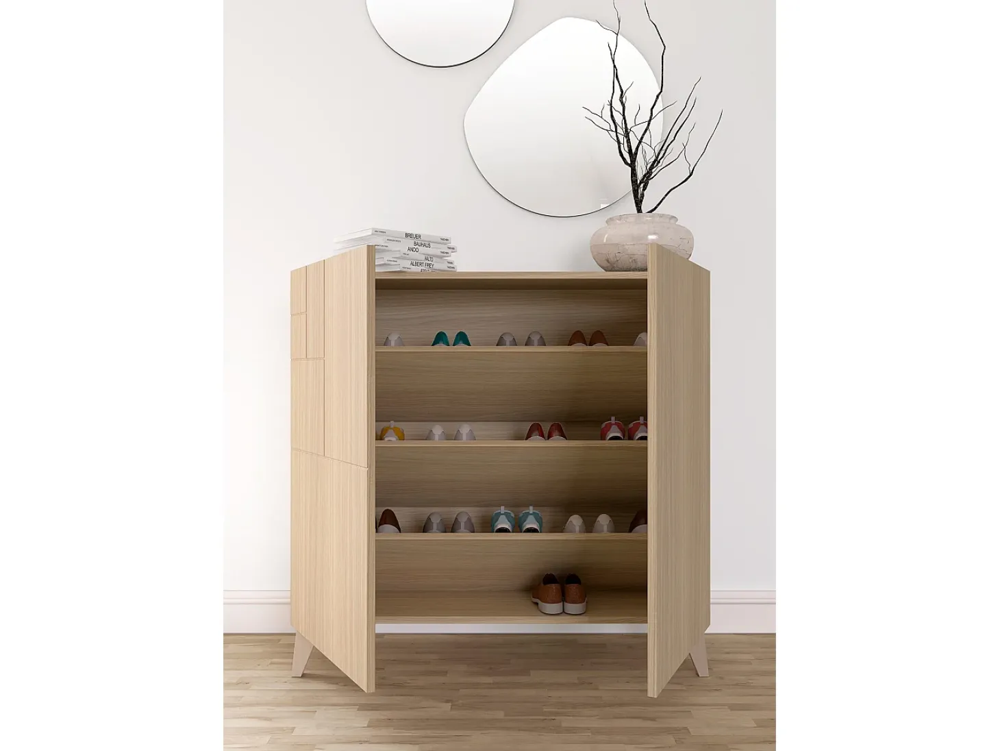 Sapateiro/Móvel organização - H87cm x L90cm x P27cm nogueira clara - Bergen
