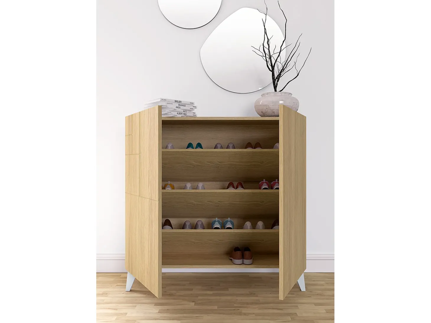 Sapateiro/Móvel organização - H87cm x L90cm x P27cm chêne dore pernas branco – Bergen