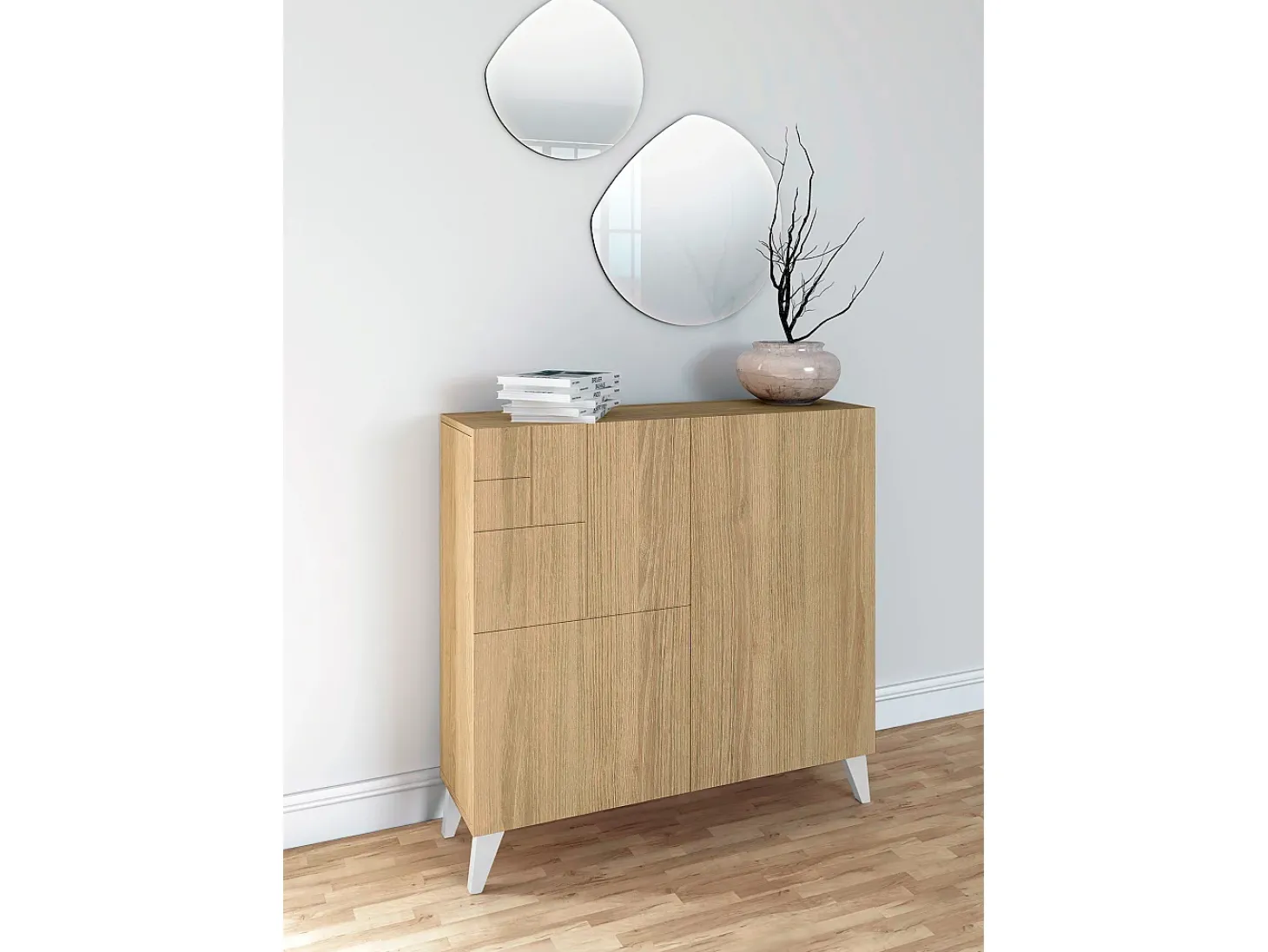 Sapateiro/Móvel organização - H87cm x L90cm x P27cm chêne dore pernas branco – Bergen