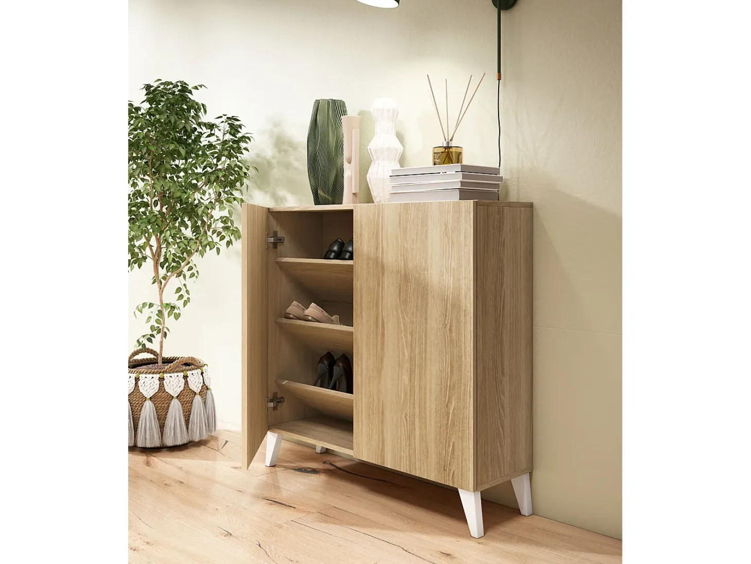 Sapateiro/Móvel organização - H87cm x L90cm x P27cm chêne dore pernas branco – Bergen