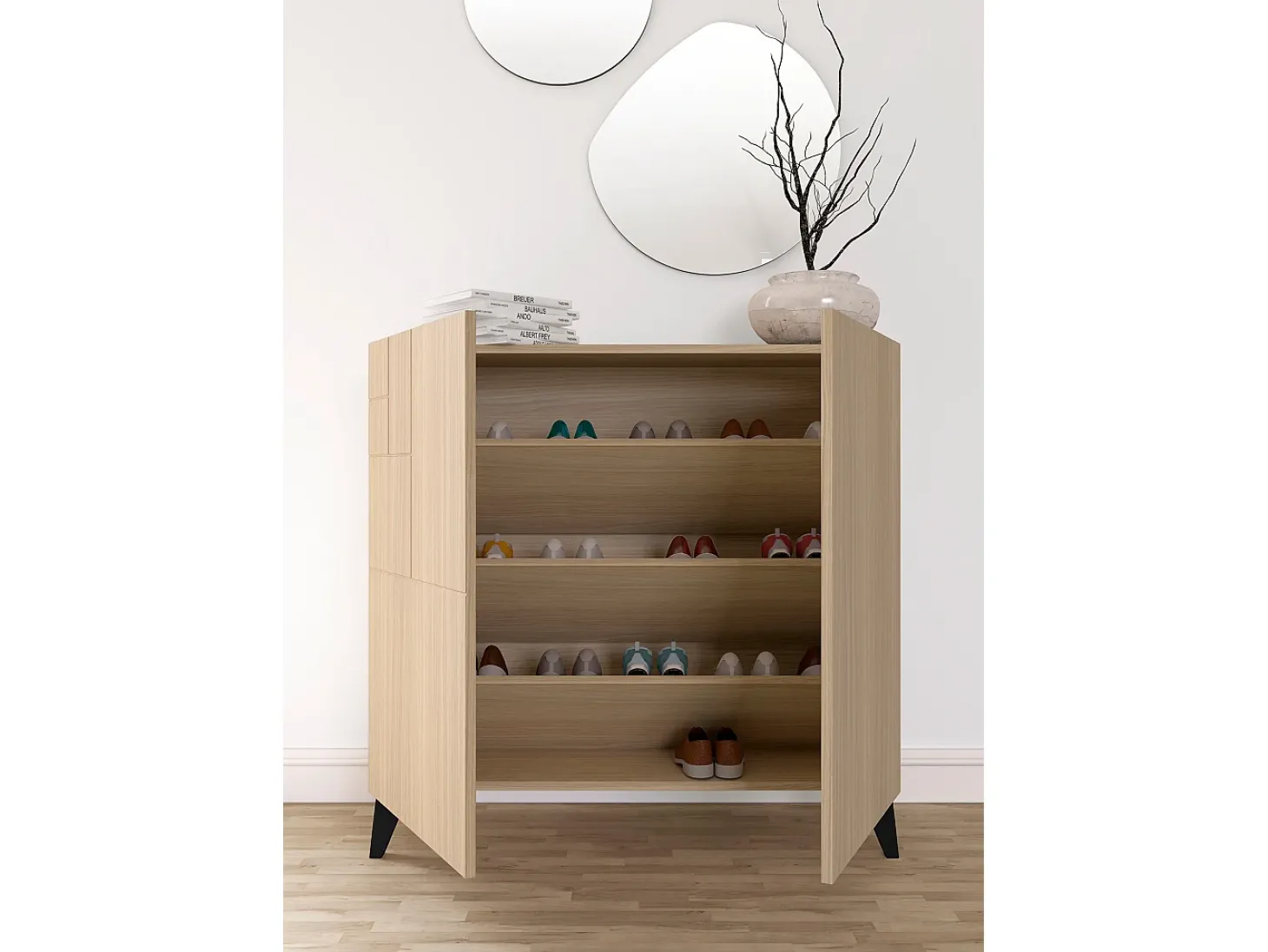 Sapateiro/Móvel organização - H87cm x L90cm x P27cm nogueira clara pernas preto - Bergen