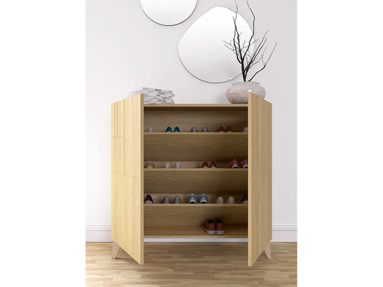 Sapateiro/Móvel organização - H87cm x L90cm x P27cm chêne dore – Bergen