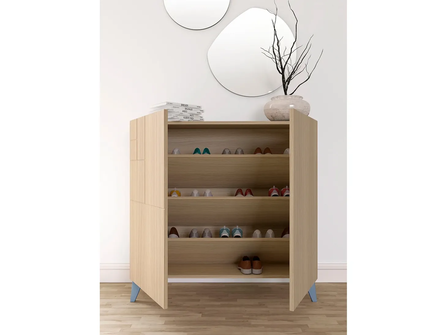 Sapateiro/Móvel organização - H87cm x L90cm x P27cm nogueira clara pernas azul - Bergen