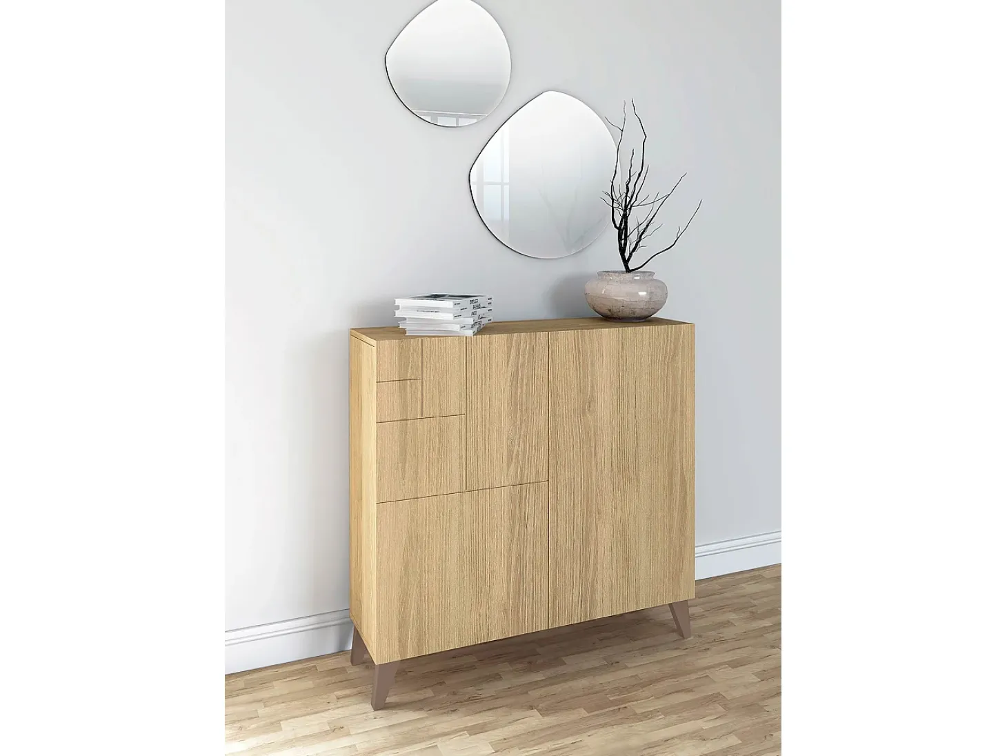 Sapateiro/Móvel organização - H87cm x L90cm x P27cm chêne dore pernas moca – Bergen