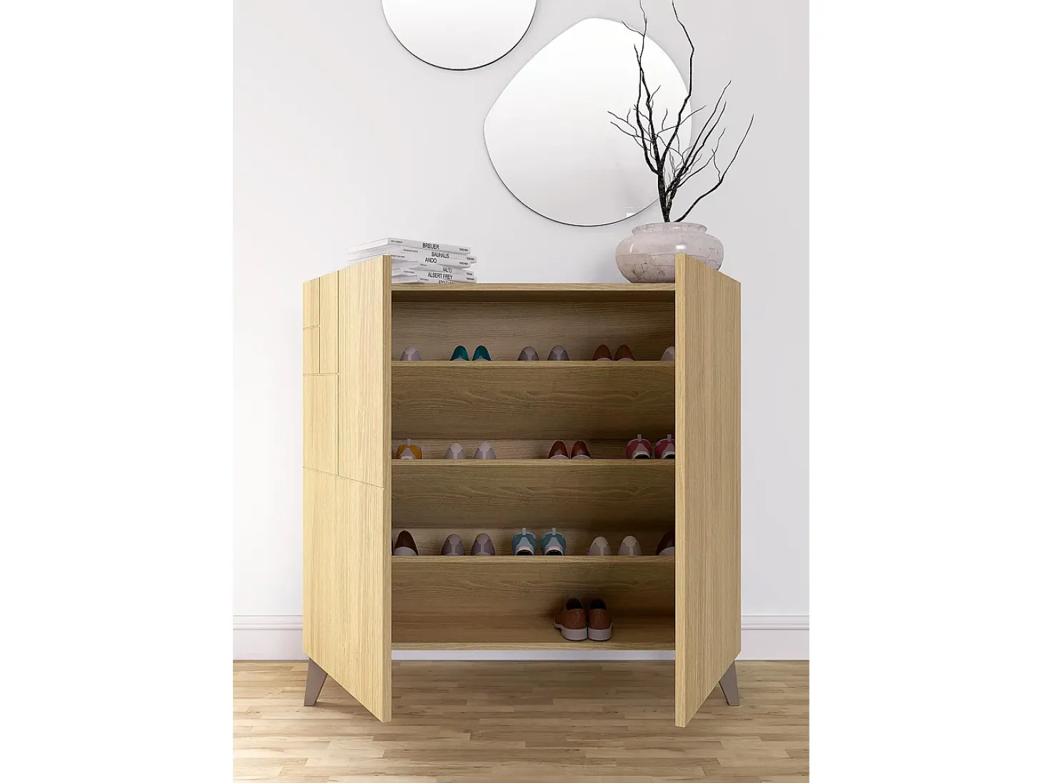 Sapateiro/Móvel organização - H87cm x L90cm x P27cm chêne dore pernas moca – Bergen