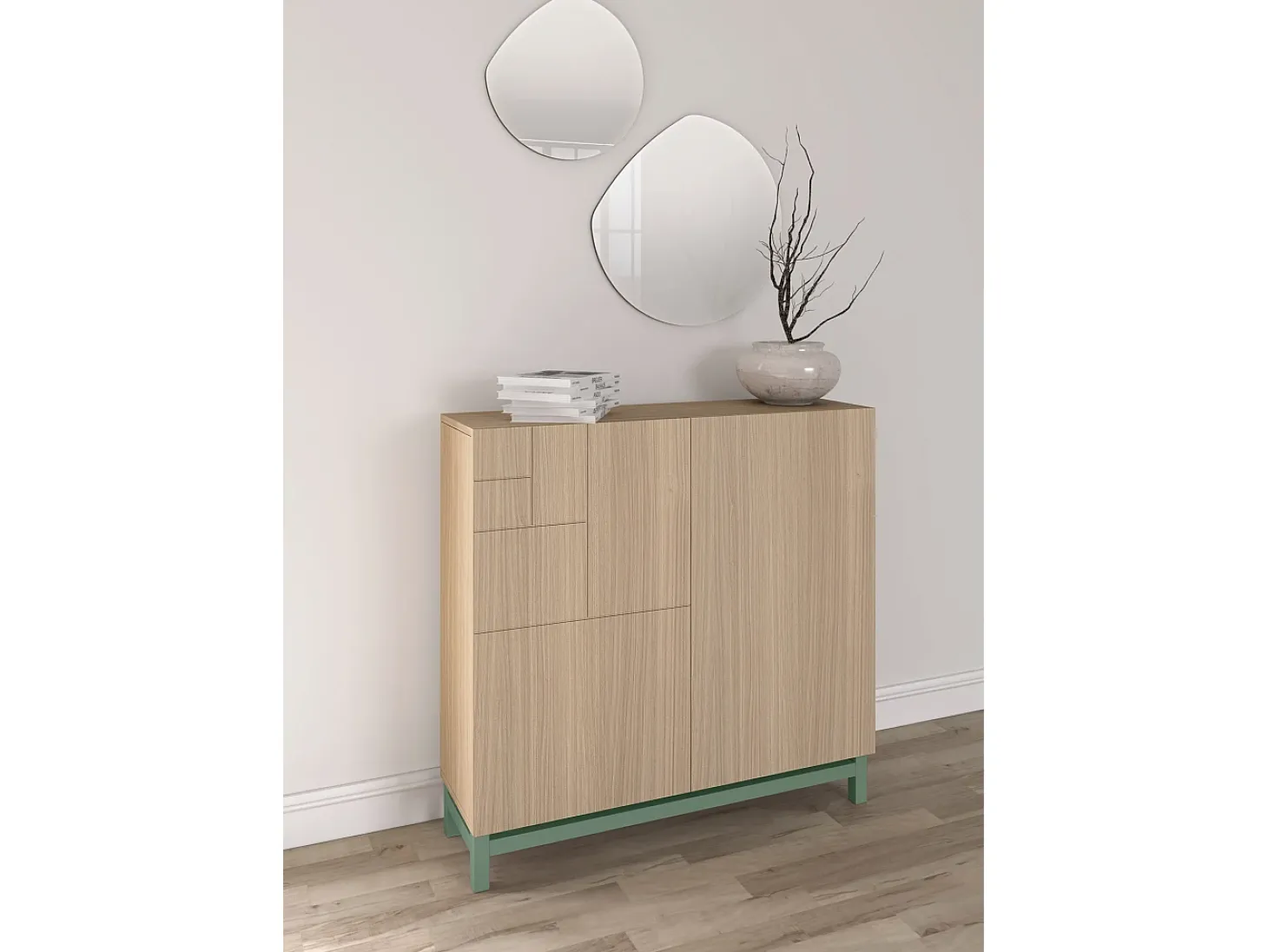 Sapateiro/Móvel organização - H90cm x L90cm x P27cm nogueira clara pernas verde - Copenhague