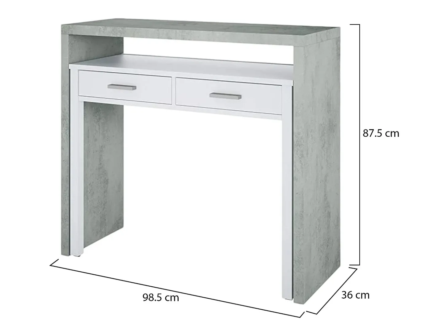 Secretária Billings, Secretária com tampo extensível, Secretária PC com 2 gavetas, 99x36h88 cm, Cimento e Branco