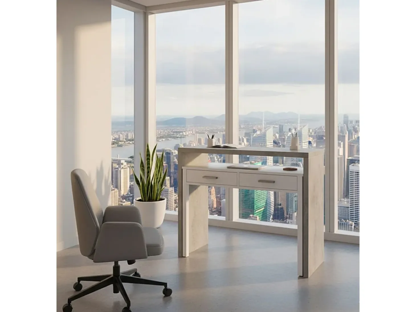 Secretária Billings, Secretária com tampo extensível, Secretária PC com 2 gavetas, 99x36h88 cm, Cimento e Branco
