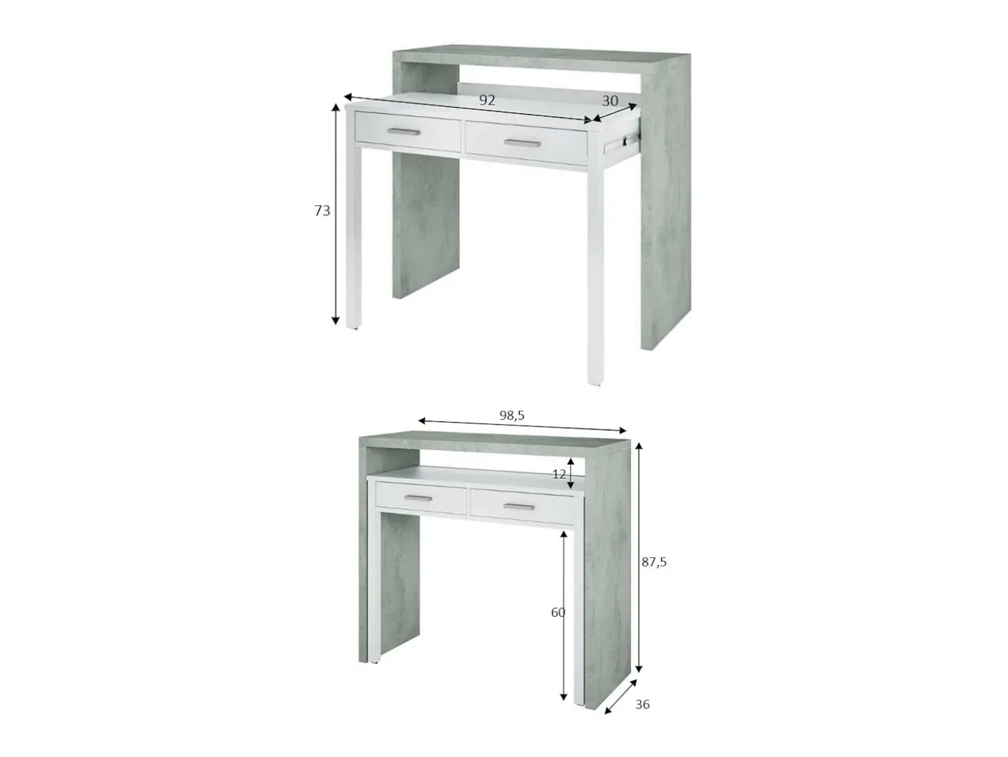 Secretária Billings, Secretária com tampo extensível, Secretária PC com 2 gavetas, 99x36h88 cm, Cimento e Branco