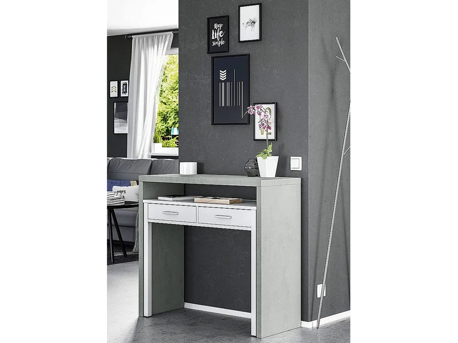 Secretária Billings, Secretária com tampo extensível, Secretária PC com 2 gavetas, 99x36h88 cm, Cimento e Branco