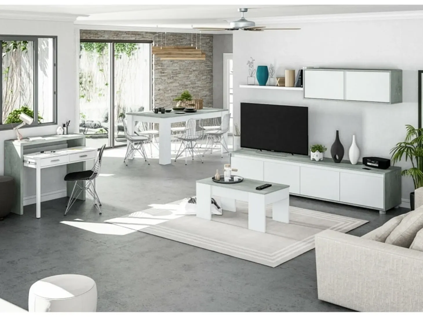Secretária consola extensível com 2 gavetas 100 cm Branco/Cinza - Móvel multifuncional para espaços pequenos