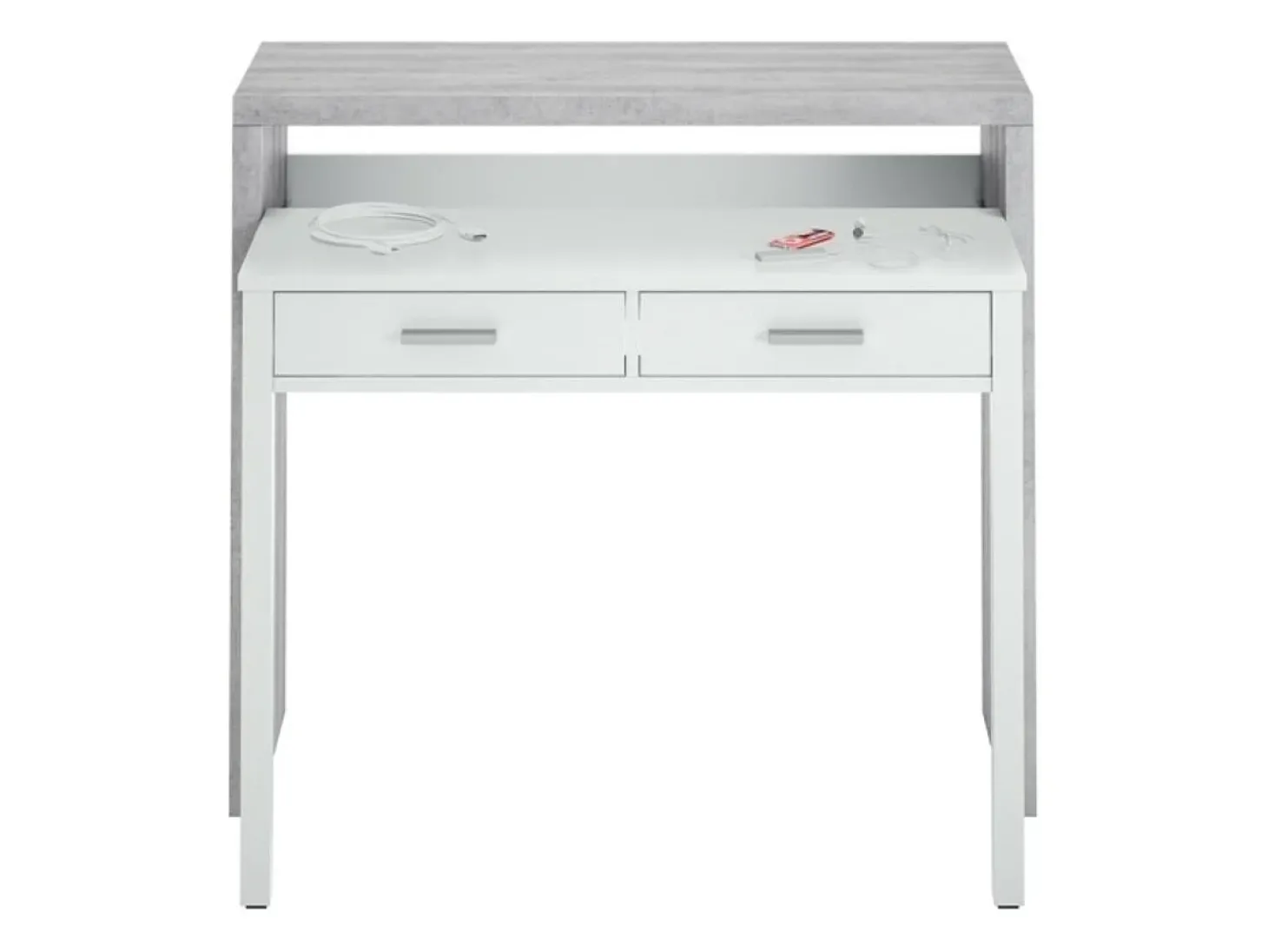 Secretária consola extensível com 2 gavetas 100 cm Branco/Cinza - Móvel multifuncional para espaços pequenos