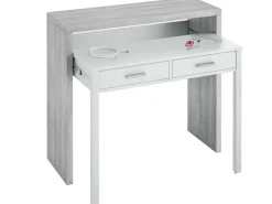 Secretária consola extensível com 2 gavetas 100 cm Branco/Cinza - Móvel multifuncional para espaços pequenos