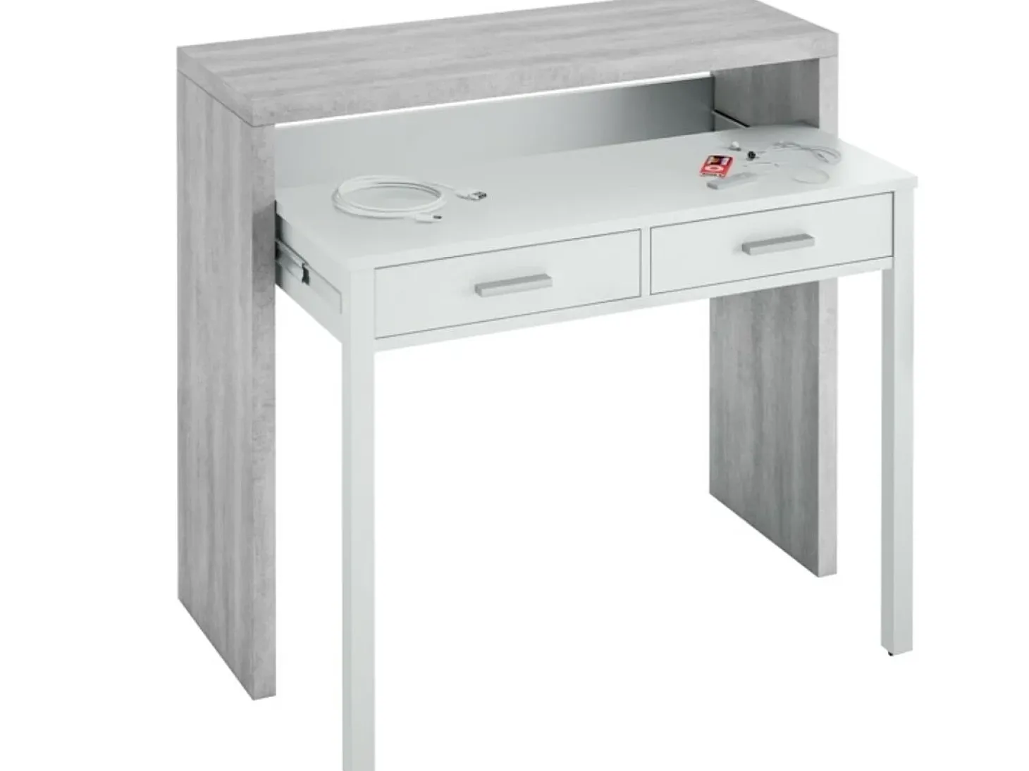 Secretária consola extensível com 2 gavetas 100 cm Branco/Cinza - Móvel multifuncional para espaços pequenos