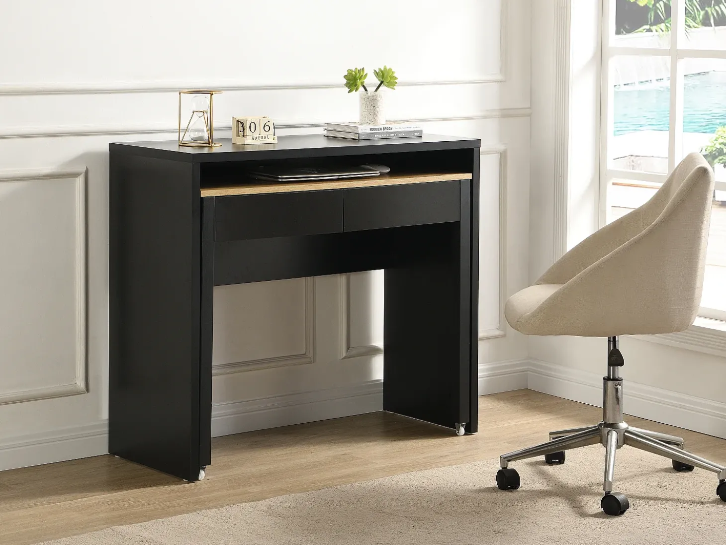 Secretária consola extensível com 2 gavetas preto e natural - LOAVIA