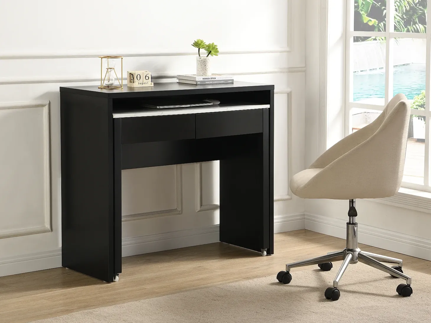 Secretária consola extensível com 2 gavetas preto e efeito mármore branco - LOAVIA