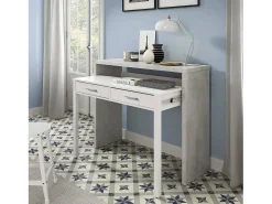 Secretária Damodi, Secretária com tampo extensível, Secretária PC com 2 gavetas, 99x36h88 cm, Cimento e Branco