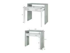 Secretária Damodi, Secretária com tampo extensível, Secretária PC com 2 gavetas, 99x36h88 cm, Cimento e Branco