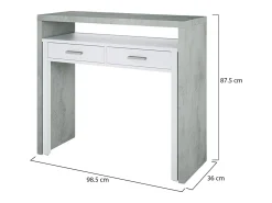 Secretária Damodi, Secretária com tampo extensível, Secretária PC com 2 gavetas, 99x36h88 cm, Cimento e Branco