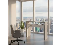 Secretária Damodi, Secretária com tampo extensível, Secretária PC com 2 gavetas, 99x36h88 cm, Cimento e Branco