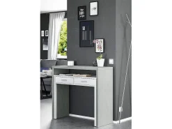 Secretária Damodi, Secretária com tampo extensível, Secretária PC com 2 gavetas, 99x36h88 cm, Cimento e Branco