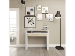 Secretária Damodi, Secretária com tampo extensível, Secretária para PC com 2 gavetas, 99x36h88 cm, Branco e Carvalho