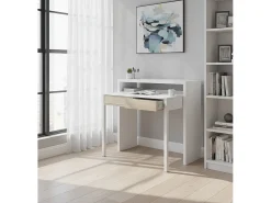 Secretária Damodi, Secretária com tampo extensível, Secretária para PC com 2 gavetas, 99x36h88 cm, Branco e Carvalho