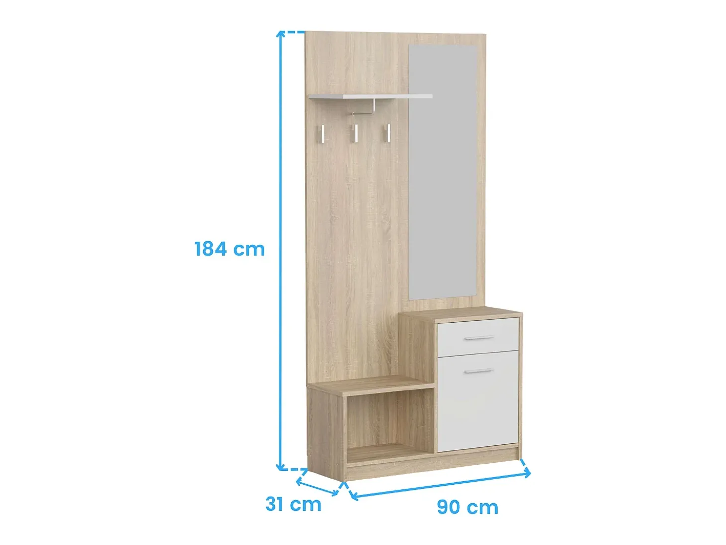 Sett Móveis de Corredor Espelho 1 Gaveta 1 Porta Prateleira Oca Carvalho Branco 90 cm