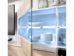 Sistema de parede Adams, Conjunto modular de sala de canto, Móveis de sala multiposições com luz LED, 260x41h180 cm, Carvalho e Branco