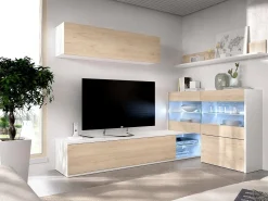 Sistema de parede Adams, Conjunto modular de sala de canto, Móveis de sala multiposições com luz LED, 260x41h180 cm, Carvalho e Branco