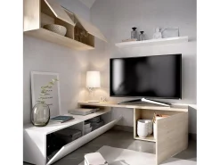 Sistema de parede Baker, conjunto modular de sala de canto, móvel de sala de TV multiposições, 201x41h180 cm, branco e carvalho