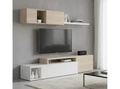 Sistema de parede Baker, conjunto modular de sala de canto, móvel de sala de TV multiposições, 201x41h180 cm, branco e carvalho