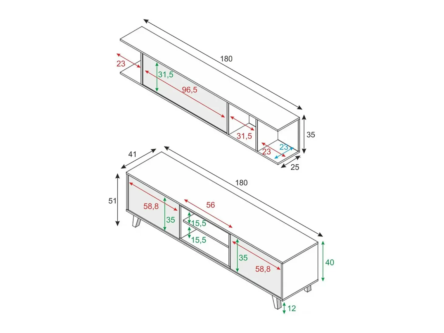 Sistema de parede Buffalo, móvel de sala de TV, Composição de sala com móvel de parede, 180x41h51 cm, Branco e Carvalho