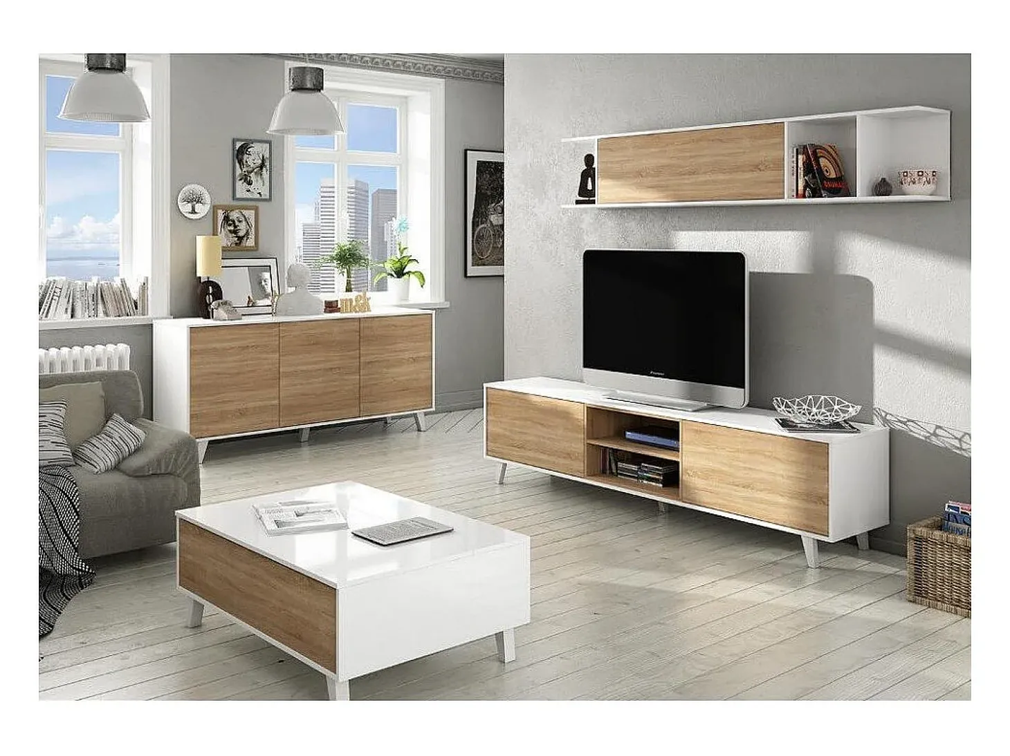 Sistema de parede Buffalo, móvel de sala de TV, Composição de sala com móvel de parede, 180x41h51 cm, Branco e Carvalho